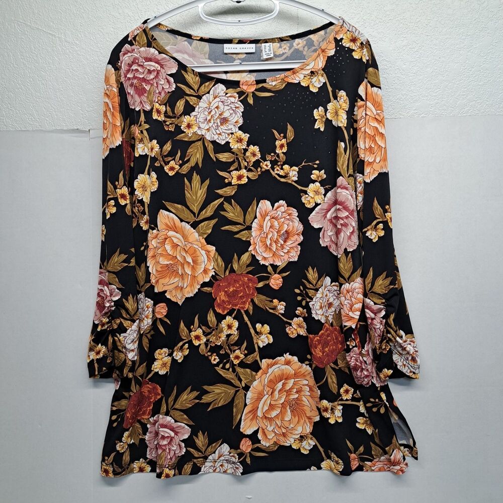 Susan Graver Liquid Knit Floral Embellished Blouse Women's 1X